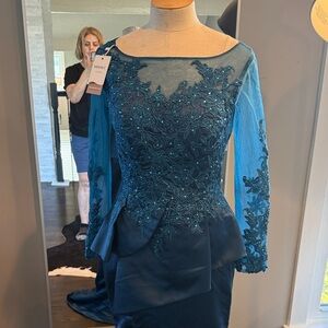 Embroidered Teal Long-Sleeve Evening Dress